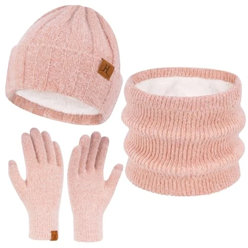 Dames Winter Beanie Hoeden Sjaal Touchscreen Handschoenen Set Imitatie Nerts Fluwelen Gebreide Hoed Caps Nek Warmer met Fleece Gevoerde Geschenken voor Vrouwen, Roze Rood, one size