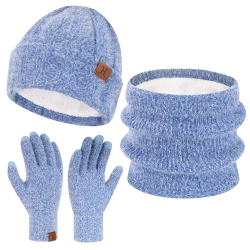 Offerta a tempo: ZASFOU Donna Cappello Invernale Sciarpa Guanti Touch Screen Set Caldo Imitazione Visone Maglia Berretto Cappelli Pile Foderati Scaldacollo Guanto Regalo per Donna - 23% da 28.99 € a 22.23 €