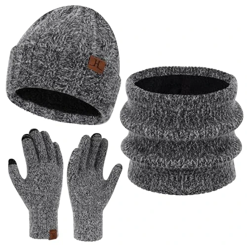 ZASFOU Dames Wintermutsen Set Touchscreen Handschoenen Sjaal Imitatie Mink Fluwelen Gebreide Hoed Nekwarmer met Fleece Voering Cadeau voor Vrouwen, Zwart, one size