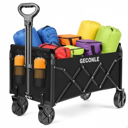 Offerta a tempo: Carrello Pieghevole su Ruote, 100L 100KG Carrello Trasporto Con Ruote Rimovibili Braccioli Regolabili e Sacchetti per Tazze, Trasportatore da Picnic per Festival Shopping Campeggio Giardino - 12% da 51.99 € a 46.01 €