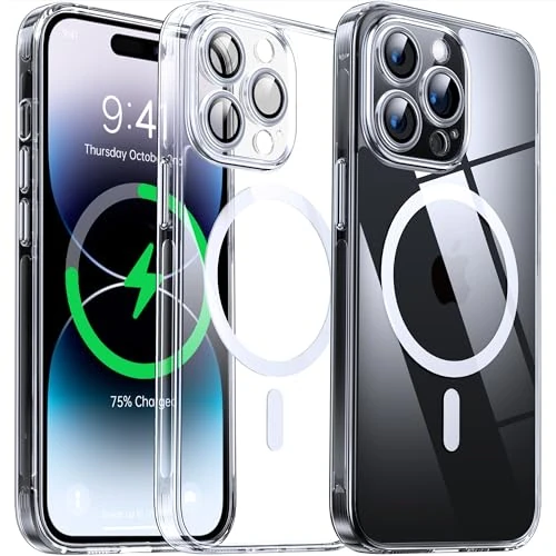 Flyzoo Magnetisch Hybrid Clear Hülle für iPhone 14 Pro Max - [Kompatibel mit MagSafe] [Eingebaute Kameraschutz Folie] Hart Durchsichtig Handyhülle Stoßfeste Transparente mit Silikon Schutzhülle, Clear