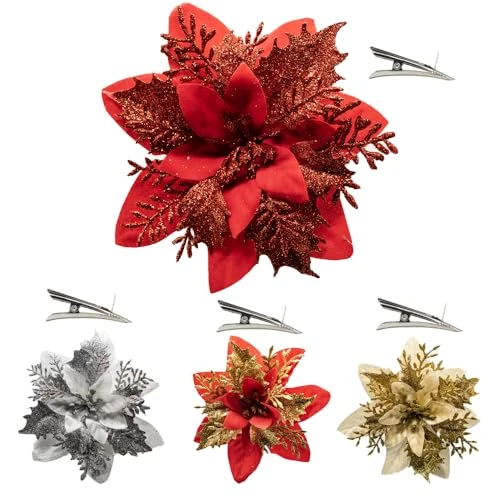 Bonny*D | 12 stuks (4 kleuren) | bloemen voor kerstboom met 12 clips | kerstboomversiering | kerstbloemen voor kerstster | kunstkerstbloemen | kerstboomversiering met glitter