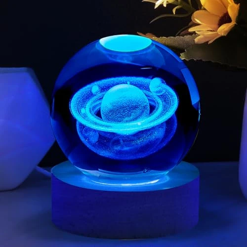 Vicloon Lámpara de Bola de Cristal del Sistema Solar 3D, 6cm Bola de Cristall 3D con la Base de la Lámpara del LED, Bola de Cristall con la Base de la Lámpara, 3D Galaxy Ball Luz nocturna Para Hogar
