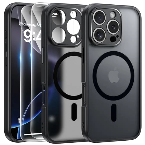 Oferta limitada: FLLAO Funda para iPhone 16 Pro, Compatible MagSafe, con 2 Piezas Protector de Pantalla Cristal Templado, [Protección de Cámara] Magnética Carcasa Translúcida Mate Trasera Fina Antigolpes, Negro de 11.99 EUR a 8.54 EUR (ahorro 29%)