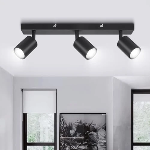 Ketom Faretti da Soffitto Orientabili Nero, GU10 Lampada Faretti LED Soffitto, Faretto da Parete Moderna, Plafoniera LED con 3 Faretti per Cucina, Cameretta, Senza Lampadina