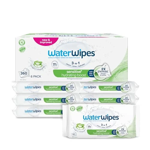 WaterWipes Sensitive+ Hydrating Boost Wipes, Salviettine Idratanti, 360 Pezzi (6 Confezioni), 99% Acqua con Aloe Vera, Deterge, Cura, Idrata, Senza Profumo, la confezione può variare