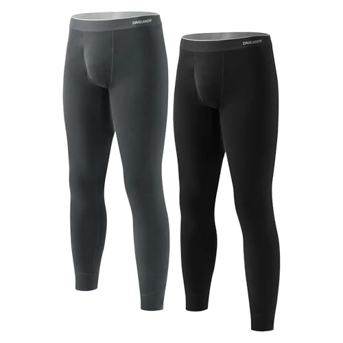 DAVID ARCHY Men's Thermal Bottoms Contain Wool and Mulberry Silk Blend Warm Luxuriously Soft Moisture-Wicking Base Layer Trousers Pants with Open Fly 2-Pack Suitable 14°F to 32°F