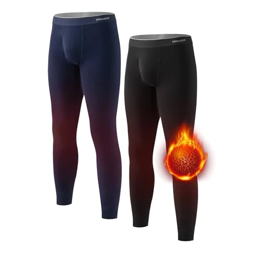 DAVID ARCHY Men's Thermal Bottoms Contain Wool and Mulberry Silk Blend Warm Luxuriously Soft Moisture-Wicking Base Layer Trousers Pants with Open Fly 2-Pack Suitable 14°F to 32°F