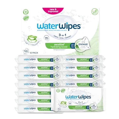 WaterWipes Sensitive+ Hydrating Boost Wipes, Toallitas Hidratantes, 720 unidades (paquete de 12), 3 en 1 Limpia, Cuida, Hidrata, 99% Agua con Aloe Vera, Toallitas sin perfume para bebés