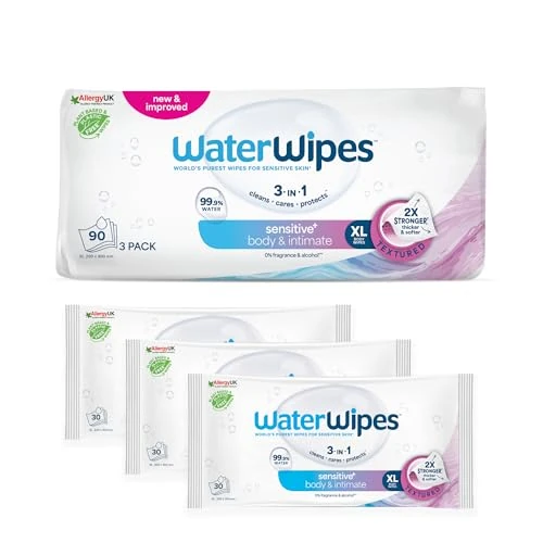 WaterWipes Sensitive+ Body & Intimate Wipes, Corpo e Igiene Intima, 90 Pezzi (3 Confezioni), Deterge, Cura, Protegge, 99,9% Acqua, Senza Profumo, Per Adulti