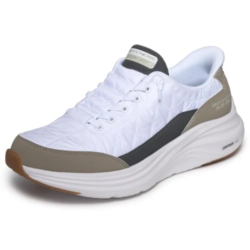 Oferta limitada: Skechers Hombre Contour Foam Cozy Fit Slip-In ENTRENADOR, White Mesh/Duraleather/Taupe Trim, 41.5 EU de 89.95 € a 71.96 € (ahorro 20%)