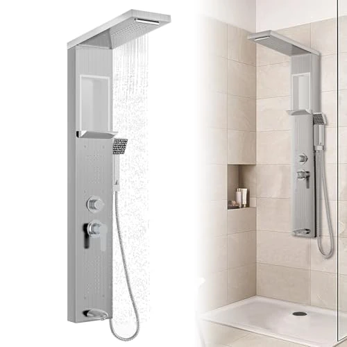 Offerta a tempo: Froadp - Pannello doccia in acciaio inox, sistema doccia a parete con 5 funzioni: doccia a pioggia, con doccetta, doccia massaggiante, doccia a cascata, set doccia completo a colonna (argento) - 14% da 106.99 € a 91.73 €