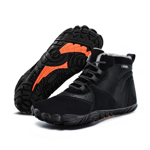 FlexEase Barefoot winterlaarzen, waterdicht, heren, warme schoenen, winter, trekking, sneakers, outdoor, ademend, antislip, maat 36-47 EU, Zwart, 45 EU