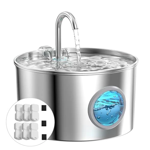 Fuente para Gatos Acero Inoxidable: Bebedero Gatos Automatico - 2.2L Fuente Gatos - Fuente de Agua para Gatos Súper Silencioso - Dispensador Agua Gatos y Perros - con 6 Filtros + 3 Esponjas