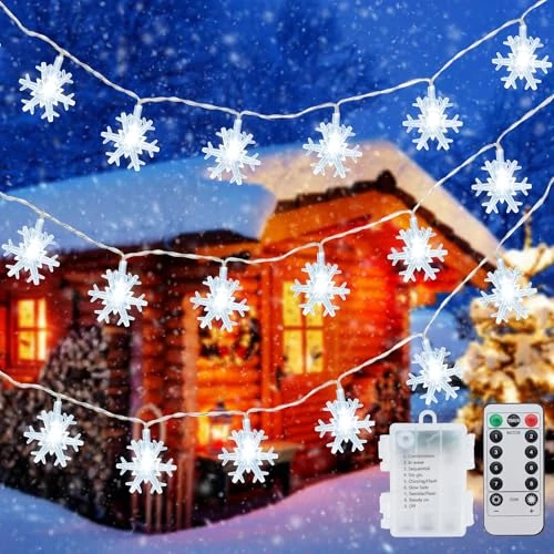 Offerta a tempo: Catena Luminosa Fiocco di Neve 40 LED Luci di Natale Tenda Luminosa Fata Luci Batteria Luci LED 8 Modalità Impermeabile Catene Luminose Interno Esterno Catena Luci Decorative per Giardino Matrimonio - 40% da 9.99 € a 5.99 €