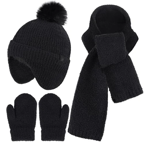 Kinder Winter Bommel Beanie Mütze Handschuhe Schal Set, Warm Baby Wintermütze Strickmütze mit Ohren Fäustlinge Schals für 0 6 12 18 Monate 1 2 3 4 Jahre Alte Mädchen Jungen Geschenke, Schwarz