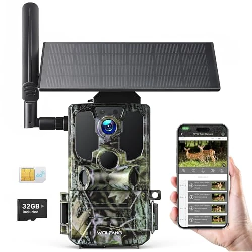 Offerta a tempo: WOLFANG Fototrappola, 4G LTE Fototrappola Solare 2.5K con Scheda SIM Preinstallato e SD, Fotocamera con Allarme, Visione Notturna, Angolo 120° 82ft, Tempo di Scatto 0,2s, IP66 Impermeabile - 36% da 119.99 € a 76.99 €