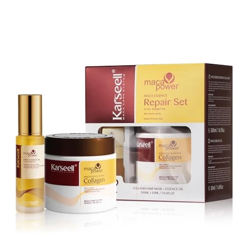 Karseell Reparaturset für trockenes, beschädigtes Haar, Kollagen-Haarmaske & Haaröl, Geschenkset für alle Haartypen 500 ml + 50 ml
