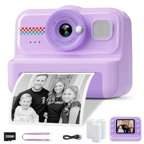 Limited-time offer: HiMont Kids Camera Instant Print, 1080P Instant Print Camera for Kids with 32GB Card & 3 Rolls Paper, Selfie Digital Camara, Funny Toys Gifts for Boys & Girls Age 3-12 (Purple) from 39.98 £ to 26.22 £ (save 34%)