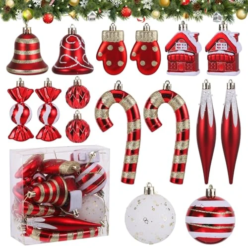 Offerta a tempo: Huiguli Palline di Natale, 16 Pezzi Decorazioni Albero di Natale con Gancio, Ornamenti Natalizi, Rosso e Oro Campanelle, Guanti, Dolciumi - 29% da 16.99 € a 11.99 €