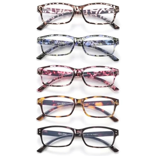 JOLISU Lunettes de lecture pour femmes et hommes - Lot de 5 lunettes de lecture élégantes pour femmes avec charnières à ressort - Lunettes bloquant la lumière bleue（2.00）