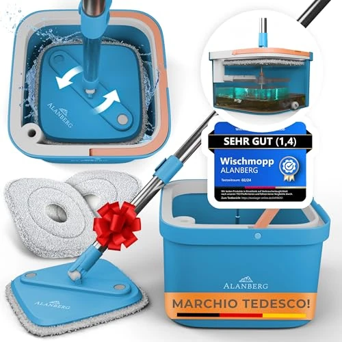 Offerta a tempo: Alanberg Set Mocio con Secchio – Sistema 2 Scomparti per Acqua Pulita & Sporca, Autostrizzante, Manico Telescopico 160 cm, 2 Panni Microfibra, Blu - 29% da 55.99 € a 39.90 €