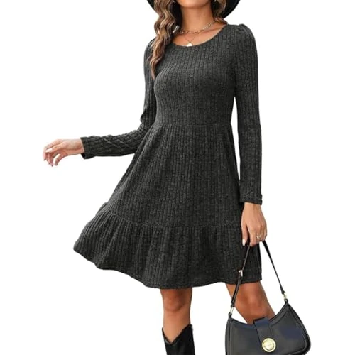 Yeenily Damen Pullover Kleider Rundhals Strickkleid Langarm Herbst Freizeitkleid Elegant Sweater Minikleid Winter Tunika Kleid (Dunkelgrau, M)