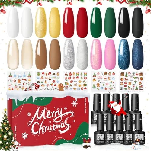 COSCELIA Vernis Semi Permanent Noel, 10 Couleurs Pailleté Blanc Rouge Vert Noir Vernis Gel UV Semi Permanent, 5 Feuilles Sticker Ongle Noël Soak Off UV/LED Kit Vernis à Ongles Cadeau Femme