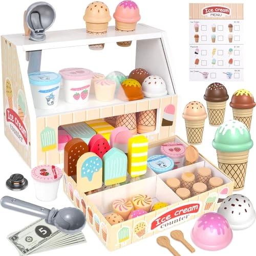 Limitiertes Angebot: Eisdiele Kinder Holz, Kinderküche Zubehör, Holzspielzeug Spielküche Zubehör, Rollenspiele Holzspielzeug mit Spielgeld, Montessori Spielzeug ab 2 Jahre Jungen Mädchen, Geschenke für Weihnachten von 30.59 EUR auf 26.00 EUR (Spare 15%)