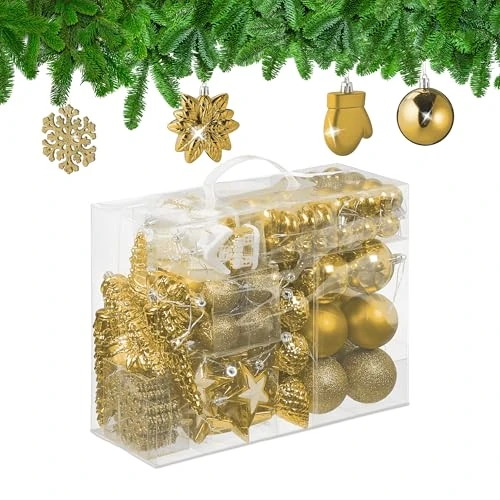 Offerta a tempo: Relaxdays Palline di Natale, Set 100 Addobbi Natalizi, Palle Opache, Lucide, Glitter, 10 Design Diversi, Plastica, Oro - 13% da 39.99 € a 34.99 €