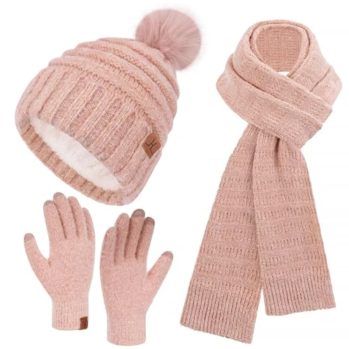 Winter Damen Mütze Schal Touchscreen Handschuhe Set mit Fleece Gefütterte, Warm Wintermütze Strickmütze Beanie mit Bommel Winterhandschuhe Lange Schals für Damen Geschenk Weihnachten, Rosa Rot
