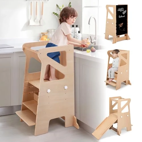 Limited offer: Labebe Learning Tower for Kids, Montessori Tower with Slide, 4 in 1 Height Adjustable Learning Tower with Blackboard, Multifunctional Kids Stool for Kitchen Bench from 109.99 EUR to 98.99 EUR (save 10%)