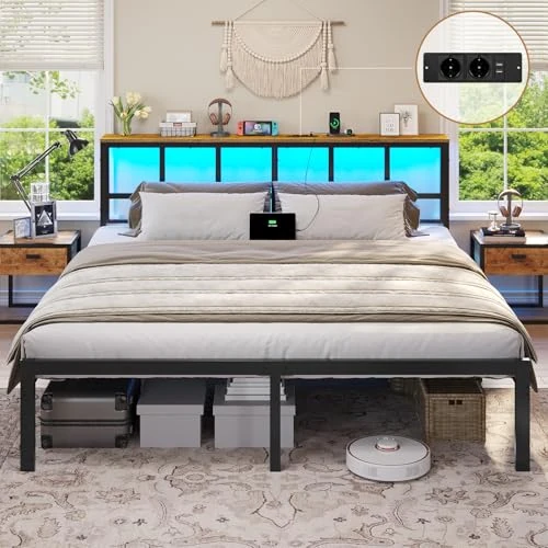 Limited offer: Brinlawb Double Bed Frame 160 x 200 cm with LED Light and Charging Station (2 AC Sockets, 2 USB Ports) Bed Frame 160 x 200 cm with Metal Frame, Strong and Stable, Easy to Assemble from 115.99 EUR to 109.99 EUR (save 5%)