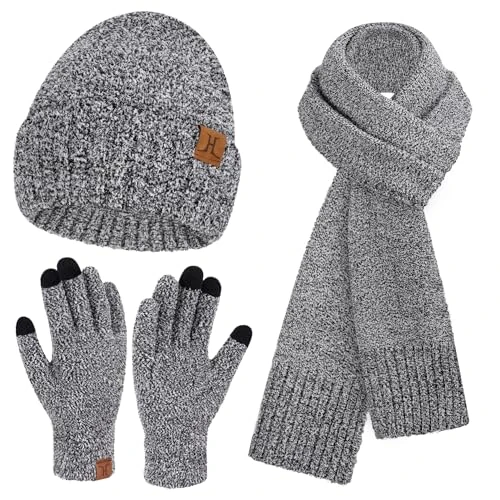 Winter Warm Damen Mütze Lange Schal Touchscreen Handschuhe Set Thermo Wintermütze Strickmütze Beanie Winterhandschuhe Schals für Damen Geschenk Frauen, Schwarzweiß