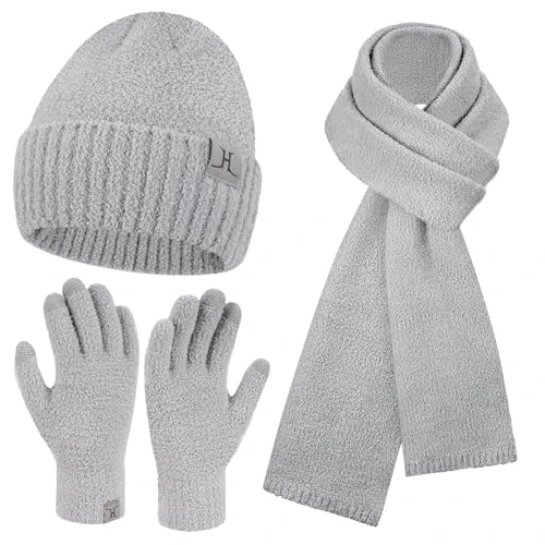 Winter Warm Damen Mütze Lange Schal Touchscreen Handschuhe Set Thermo Wintermütze Strickmütze Beanie Winterhandschuhe Schals für Damen Geschenk Frauen, Hellgrau