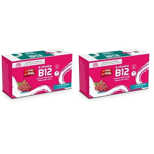 Sanavita B12 Integratore alimentare con B12, B6 e Zinco - 15 flaconcini liquidi per confezione Gusto lampone (Confezione da 2)