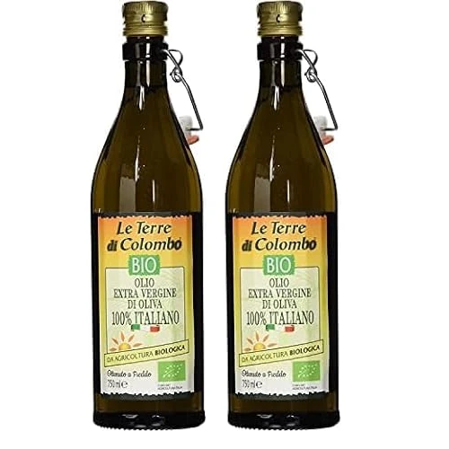 Le Terre di Colombo Aceite de Oliva Virgen Extra Ecológico 100% Italiano, Botella con Estrías y Tapón Mecánico, 0.75 L (Paquete de 2)