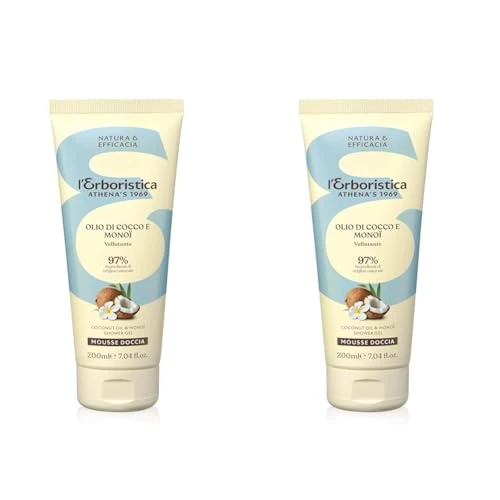 L'Erboristica Athena's - Mousse Doccia Profumato con Olio di Cocco e Olio di Monoi - Bagnoschiuma Vellutante e Idratante - 200 ml (Confezione da 2)