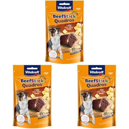 Vitakraft Beef Stick Quadros, golosinas para Perros, palitos de Carne en Rombos con Queso, golosinas de adiestramiento para Perros, sin azúcar añadido (1x 70g) (Paquete de 3)