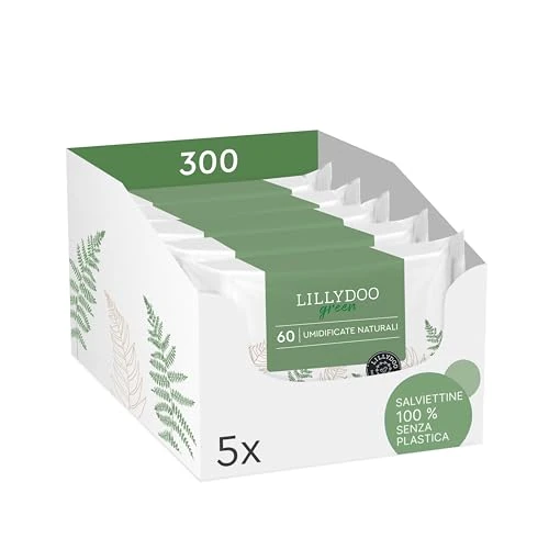 LILLYDOO green - Lingettes humides naturelles pour bébés et enfants - Serviettes nettoyantes 300 pièces (5 x 60) - 100% sans plastique, sans parfums ni alcool - Certifiées FSC, écologique