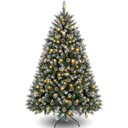 Himimi Kunstkerstboom met 250 leds, met sneeuw, 180 cm (diameter circa 110 cm), 1000 tips, versierde kerstboom met dennenappels, snelmontage-systeem, vlamvertragend, inklapbare standaard, groen/wit