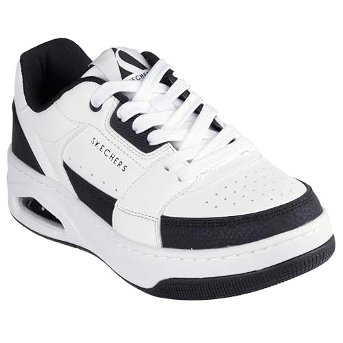 Skechers UNO Court Damen-Sneaker im Court-Stil, Weißes Leder, Duraleather, schwarzer Besatz, 39.5 EU