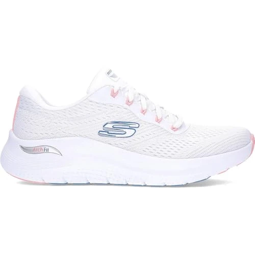 Skechers Damen Arch Fit 2.0 Big League Sneaker, Weißes Netzgewebe, rosafarbener und Blauer, 39.5 EU