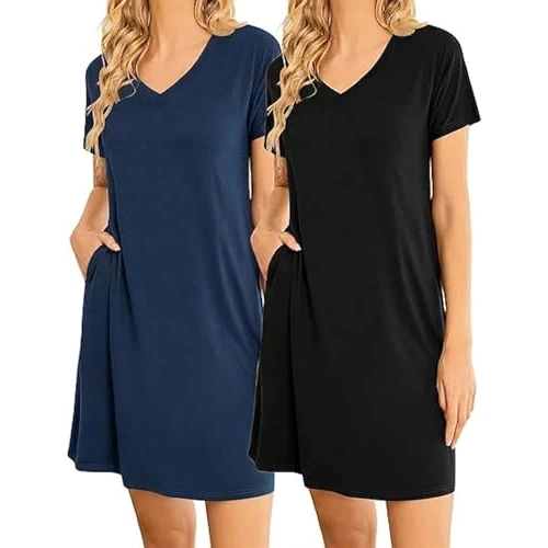 Offerta a tempo: Ekouaer Camicia da Notte da Donna in Due Pezzi a Maniche Corte Leggera - Confezione da 2 Nero + Blu Navy L - 0.00% da 11.99 € a 11.99 €