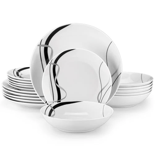 Offre limitee: VEWEET, Série FIONA, Service de Table en Porcelaine Rond 18 Pièces pour 6 Personnes, Service de Vaisselle avec 6 Assiettes Plates 26,7 cm, 6 Assiettes à Desserts 20,5 cm et 6 Bols à Pâtes de 900 ml de 97.99 EUR a 97.99 EUR (economie 0%)
