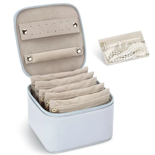 Tijdelijke aanbieding: DesignSter juwelendoos klein reis, klein PU-leer draagbare sieradendoos met 6 transparante zijden juwelenzakjes, sieradenopslag voor oorbellen, ringen, armbanden, grijsblauw van 18.99 EUR naar 18.99 EUR (korting 0%)