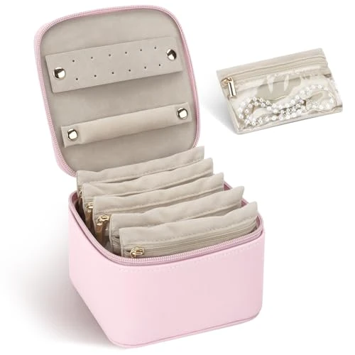 Limited offer: DesignSter Small Travel Jewellery Box Organizer, Lychee Grain PU Portable Jewelry Case with 6 Velvet Jewellery Transparent Pockets, Jewellery Storage for Earrings, Rings, Pink from 11.99 EUR to 10.55 EUR (save 12%)