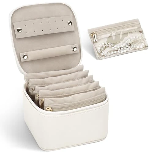 Limited offer: DesignSter Small Travel Jewellery Box Organizer, Lychee Grain PU Portable Jewelry Case with 6 Velvet Jewellery Transparent Pockets, Jewellery Storage for Earrings, Rings, Beige from 19.99 EUR to 14.69 EUR (save 27%)