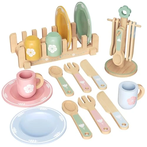 Offre limitee: Dinette en Bois Enfants Montessori, Cuisine avec Tasses Assiettes, Jeu Vaisselle Service à thé, Accessoires Cadeau pour Filles Garçons 4 5 6 7 8 Ans de 26.99 EUR a 23.49 EUR (economie 13%)