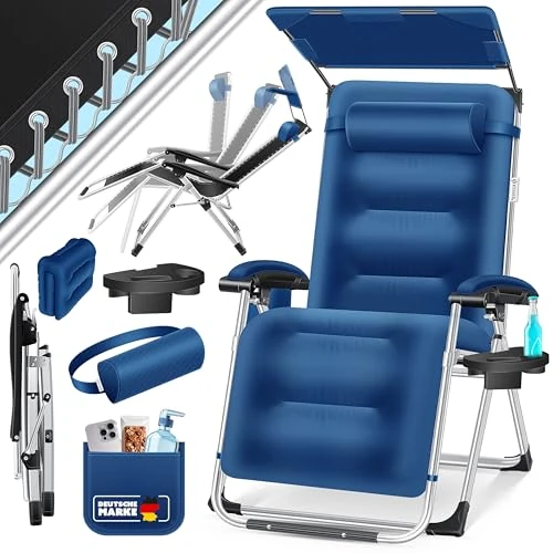KESSER® Sun Lounger, Folding XXL Garden Lounger, Weatherproof, Maximum Load 200 kg, Ergonomic Padding, Adjustable Backrest Including Neck Cushion, Drink Holder and Arm Cushion, with Roof, Navy Blue